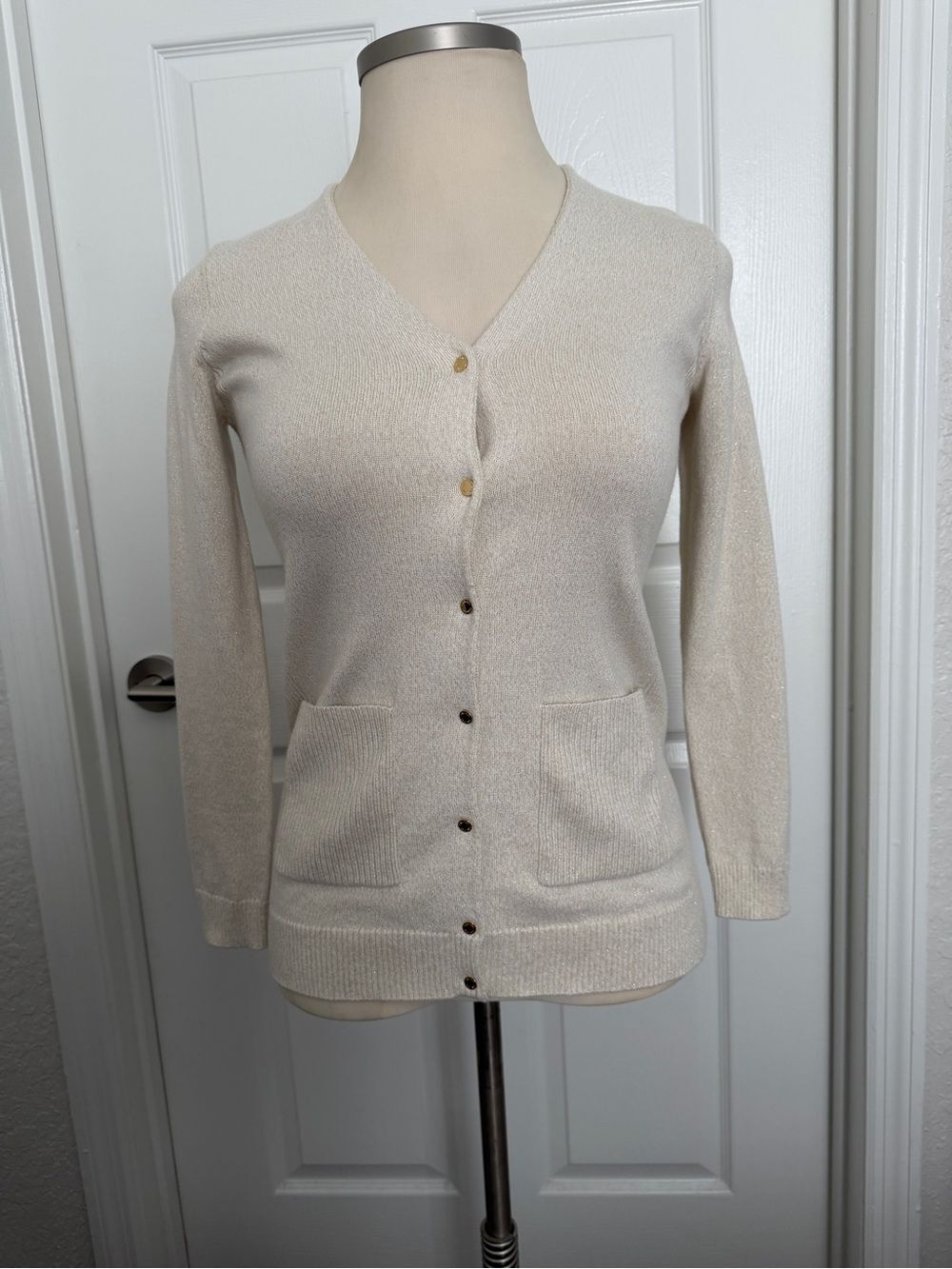 Calvin Klein Women’s Approx S Ivory Metallic Shimmer Knit Longline Snap Cardigan